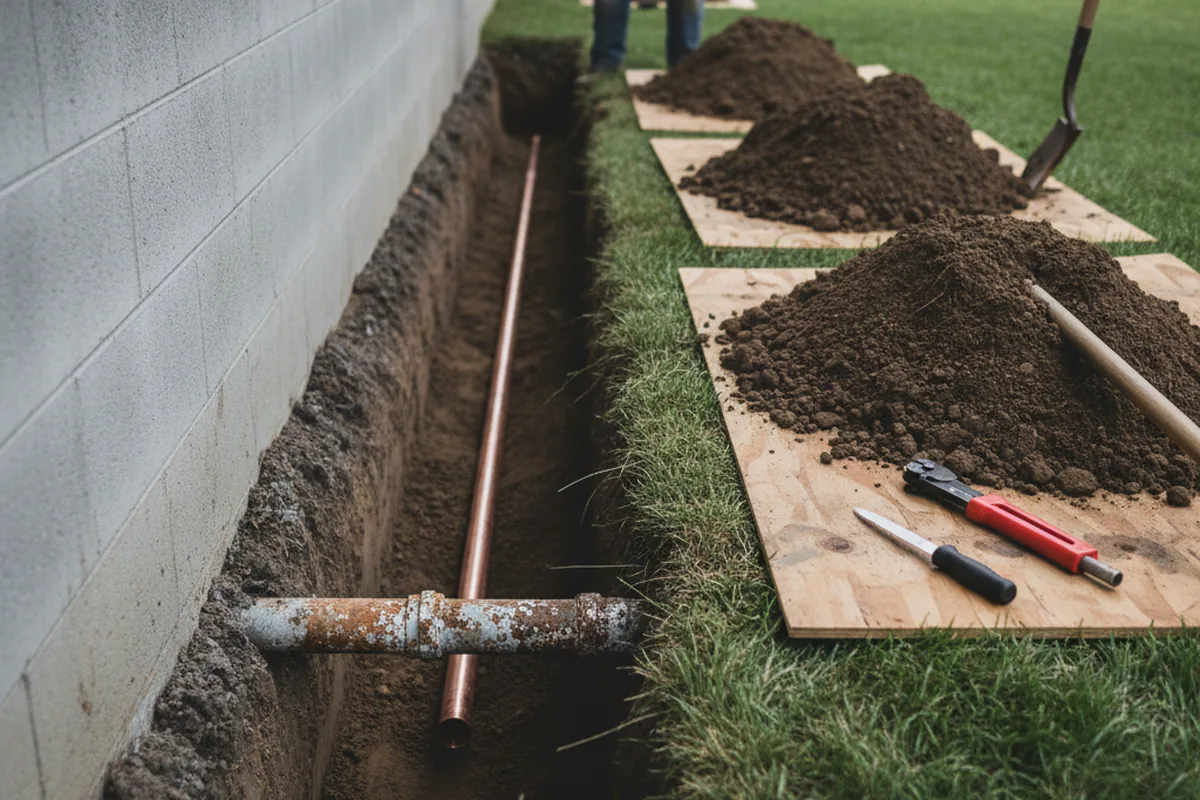 Excavated water line trench during Water Softener Installation in Wilbraham